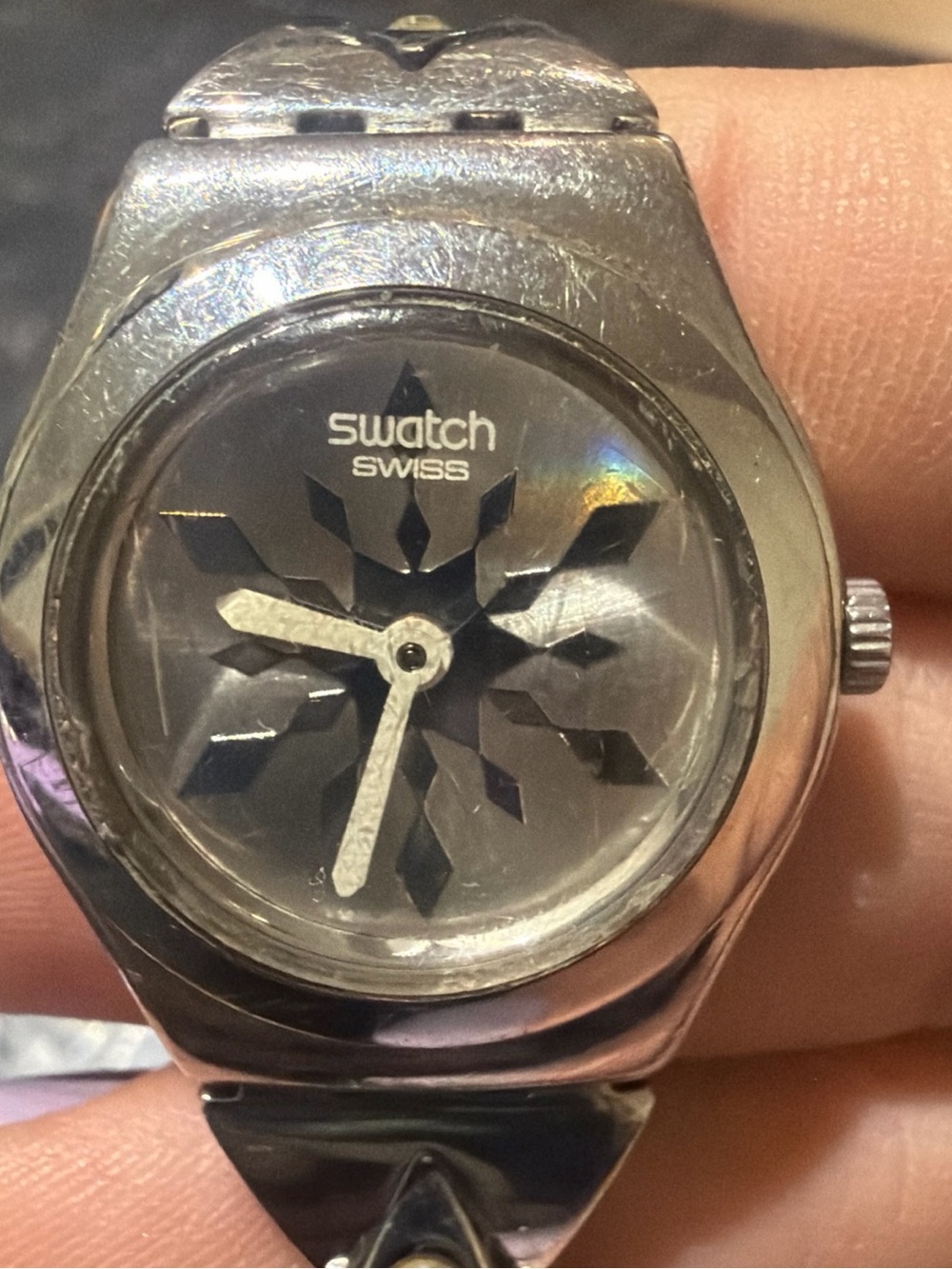 Swatch Silver Tone Women's Watch with Geometric Dial